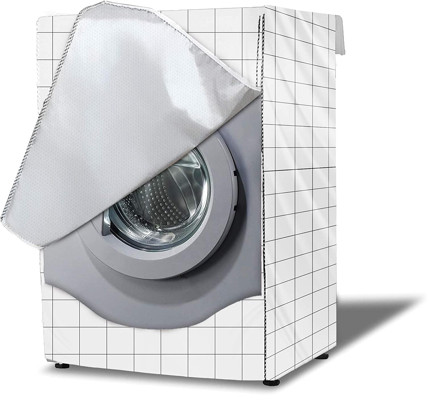 Square Grid Washing Machine Cover Coating Oxford Cloth Full-automatic Roller Washing Machine Washer Dryer Cover Waterproof Sun-resistant Dust Cover 85 * 60 * 60cm L-Size