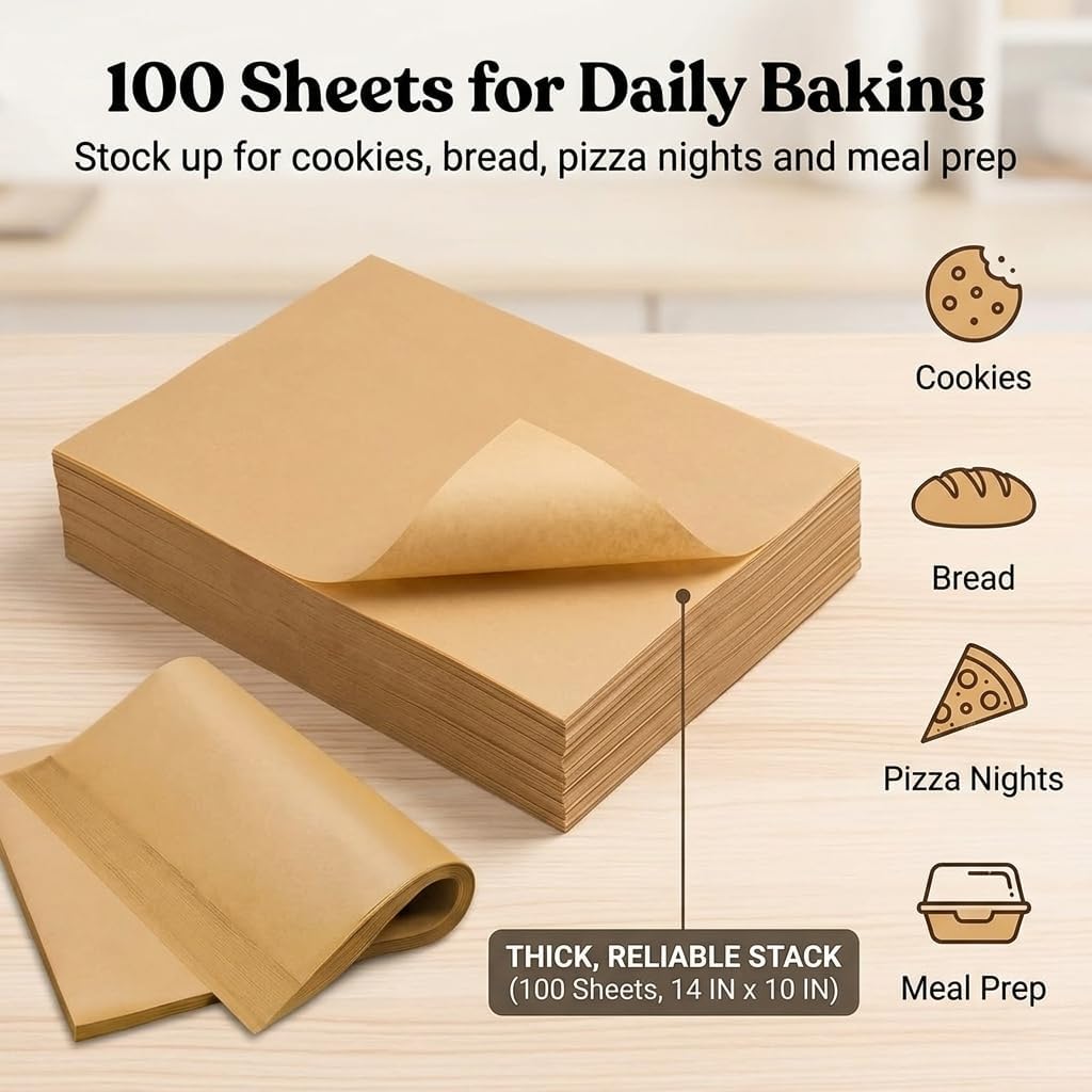 Parchment Paper 100 Sheets Precut 9.8x13.8in Unbleached Non-Stick Baking