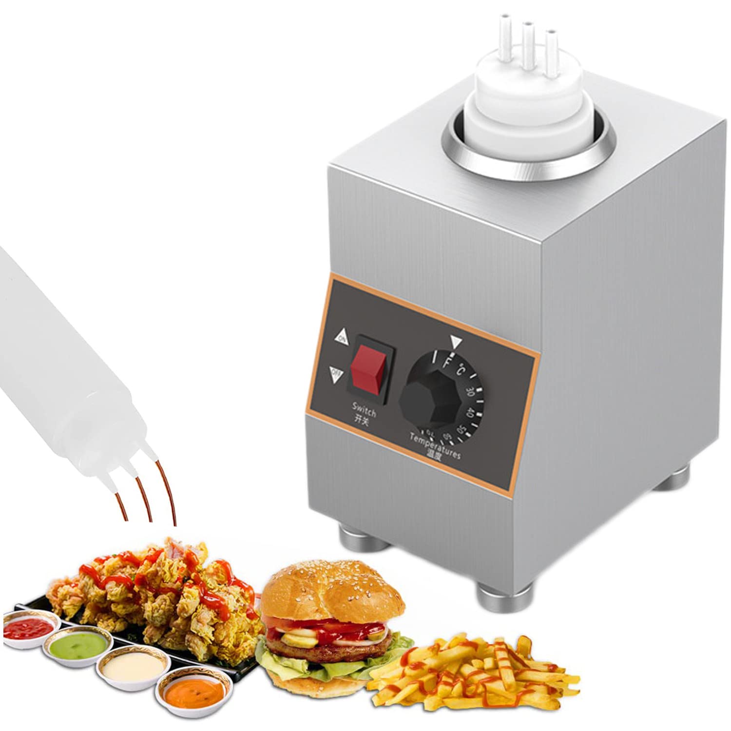 Calentador de Salsa de Queso eléctrico Dispensador de Calentador de Chocolate Caliente Dispensador de Queso Nacho Máquina de preservación de Calor de Mermelada con Botella de 650 ml,1grid-220V