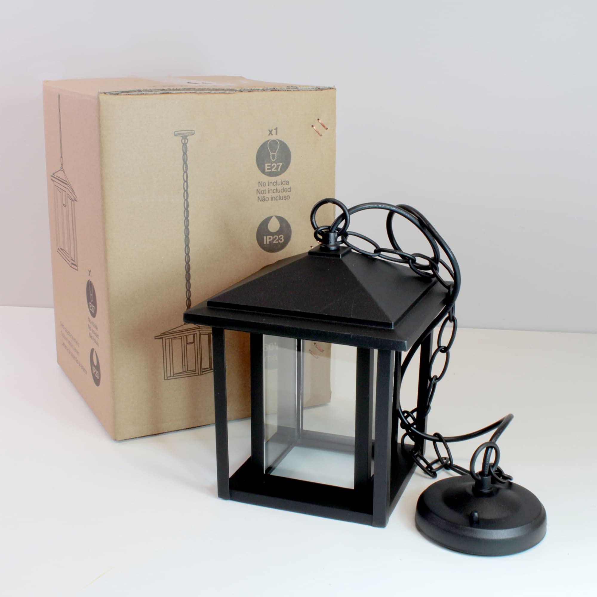 wonderlamp - Lámpara colgante exterior Avenida, 1xE27, Máx. 60 W, IP 23, Lámpara Vintage, forma de Farol con cristal, Negro