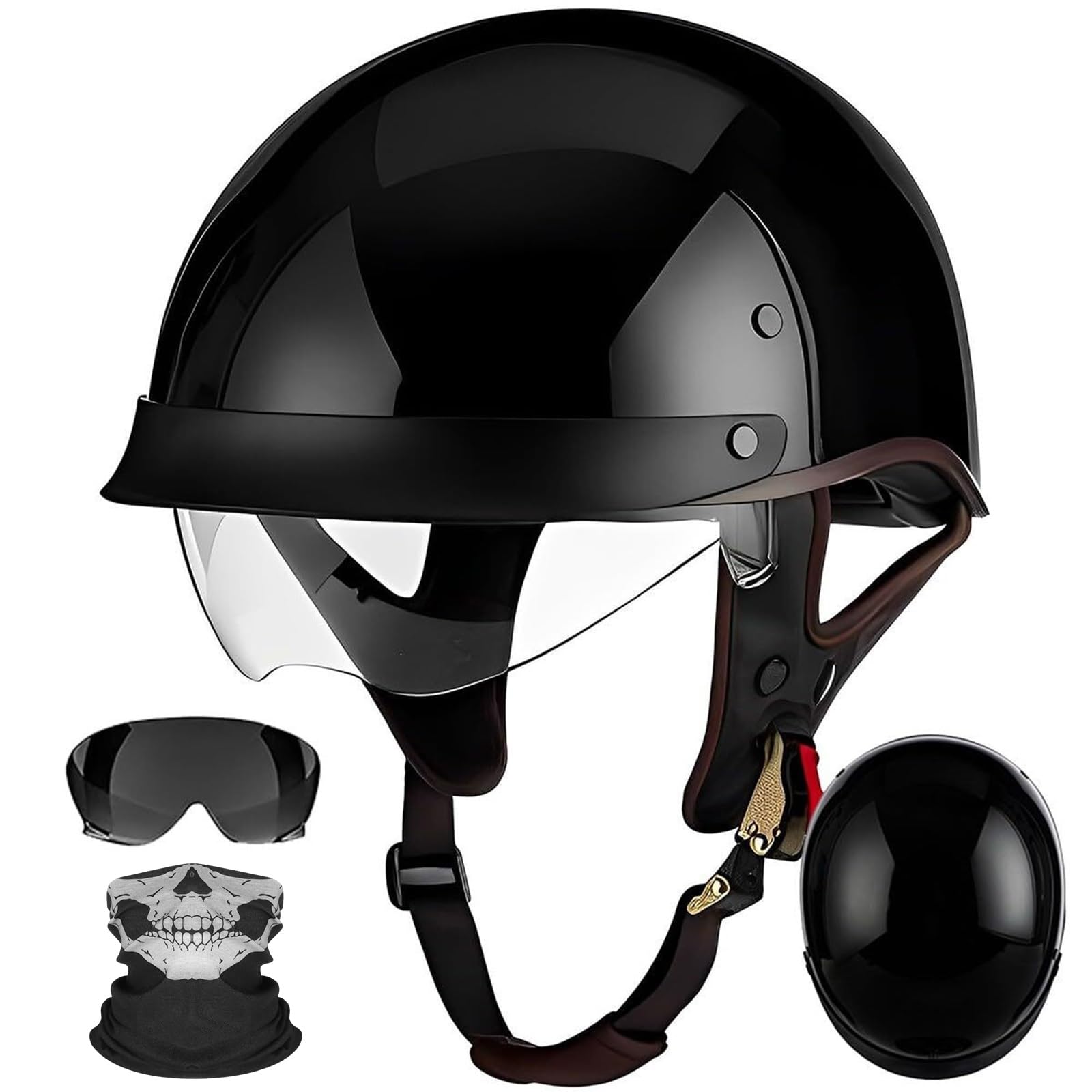 Kask Motocyklowy Orzeszek Chopper Classic, Retro Rockabilly Style ECE R22.06 z Blendą Słoneczną, Gogle i Maska w Zestawie(D,XL(61~62cm))