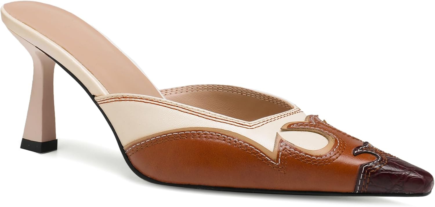 Pointed Toe Mules for Women Suede Slip On Kitten Heels Pumps with Stitching Flame D...