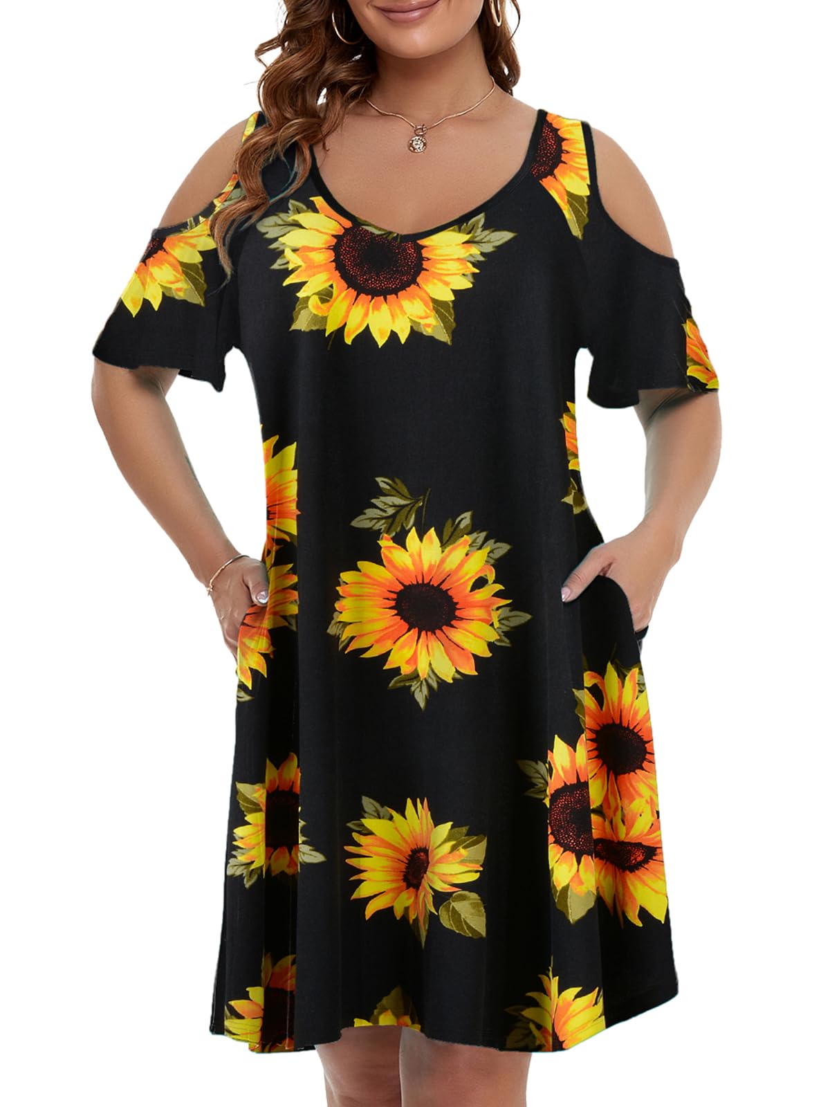 JollieLovin Womens Plus Size Short Sleeve Cold Shoulder V Neck T-Shirt Dress with Pockets