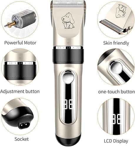 KAEFUYS 5 en 1 Máquina Cortar Pelo Mascotas Recargable IPX7 Impermeable Silenciosa y Velocidad Ajustable Cortapelos para Perros Profesional con Cortaúñas Peine Lima Tijeras y 6 Peines - imagen 2