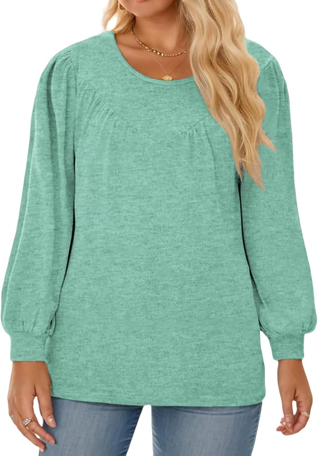 DOLNINE Womens-Plus-Size-Tops Trendy Puff Long Sleeve Shirts Cute Crewneck Pleated Blouses Lightweight Loose Fit Sweatshirts - Image 2