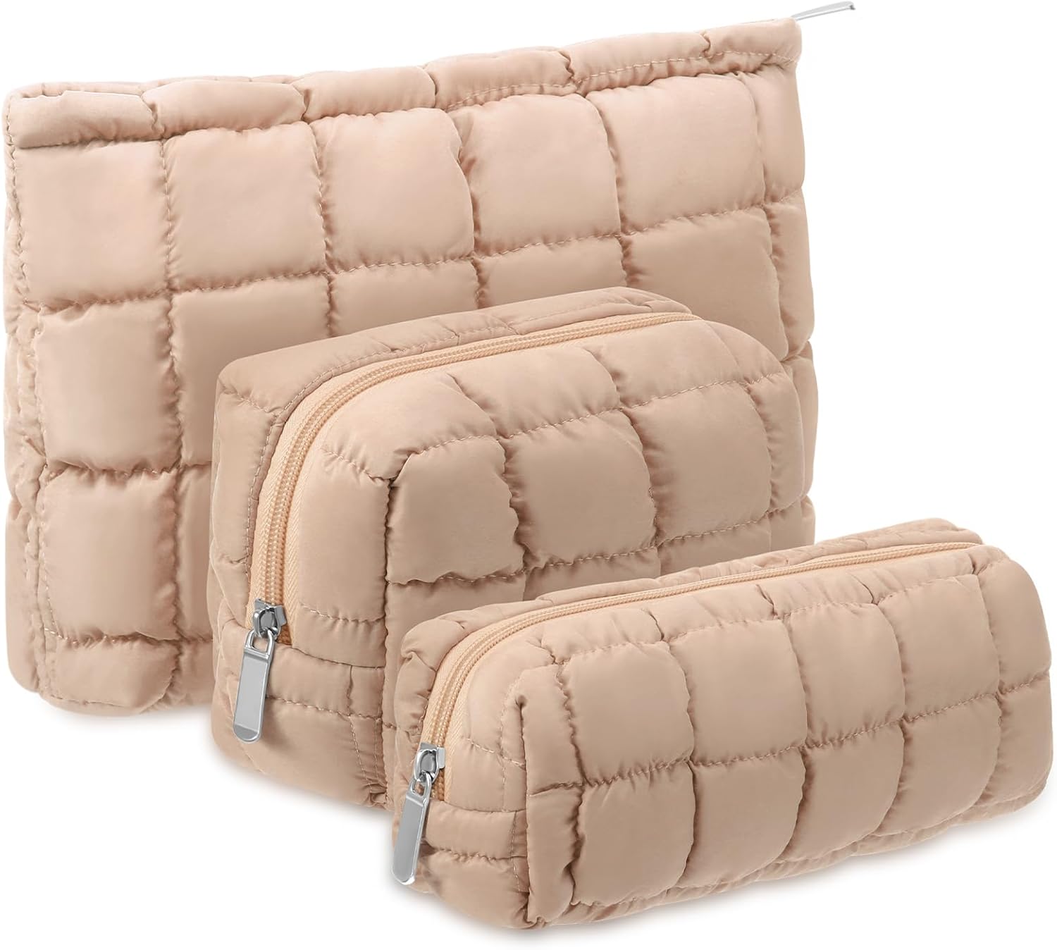 3 Pcs Puffy Makeup Bag Quilted Cosmetic Pouch for Women Cute Checkered Travel Toiletry Bag Puffer Makeup Organizer Purse Pouch Preppy Pencil Case with Zipper