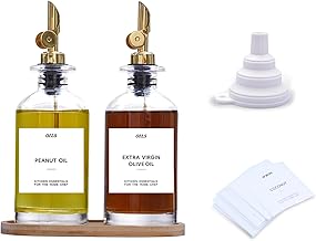 Olive Oil Dispenser Bottle for Kitchen,Oil and Vinegar Dispenser Set with Weighted Pourer,Glass Coffee Syrup Dispenser with Waterproof Label,Funnel and Bamboo Tray(Gold,350ml,2 pack)