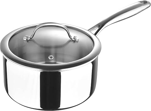 Bergner Argent Collection 2.5 Quart Tri-Ply Stainless Steel Saucepan with Tempered Glass Lid - Even Heat Distribution, Riveted Stay-Cool Handle, Induction Compatible, Dishwasher Safe