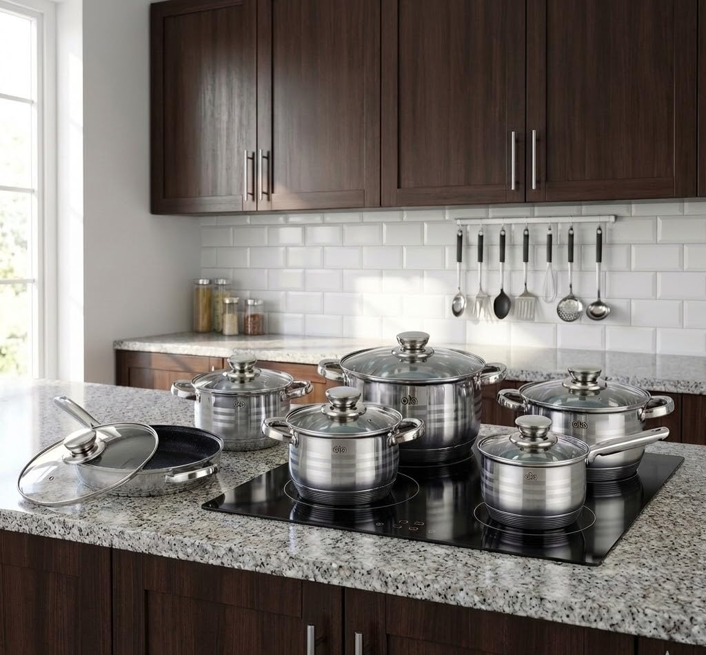 Batería de Cocina 12 Piezas Acero Inoxidable con Tapas de Vidrio, Sartén con Revestimiento de Mármol, Apta para Todo Tipo de Cocinas