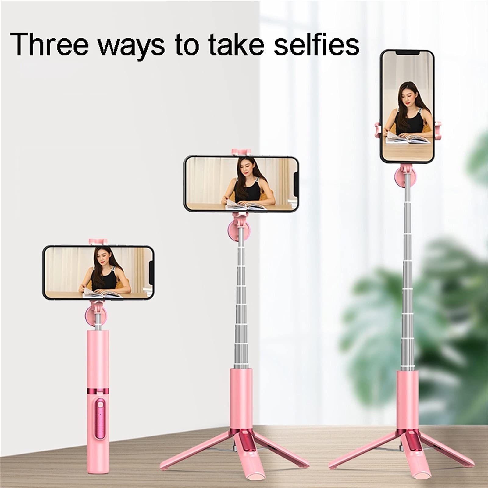 SCRUBY Bastone per selfie, senza fili, Bluetooth, pieghevole, in lega di alluminio, treppiede con telecomando wireless (rosa)