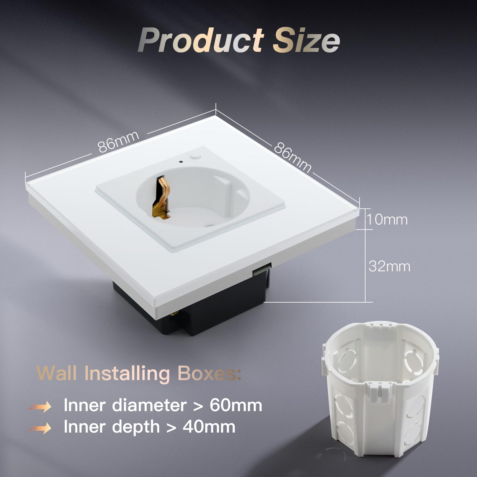 BSEED Schuko gniazdko elektryczne WiFi 16 A Smart Alexa Szklane gniazdo, 6 sztuk, 1-drożne, białe, 86 mm, montaż podtynkowy, sterowanie aplikacją, praca z Alexa/Google Home, DIY Free Spin tylko 2,4 GHz