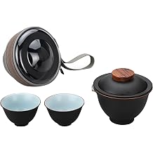 Premium Ceramic Infuser Gung Fu Tea Set with Travel Bag - 1 Tea Pot, 2 Mini Porcelain Teacups - Ideal for Home, Office, and Outdoor Picnics Black