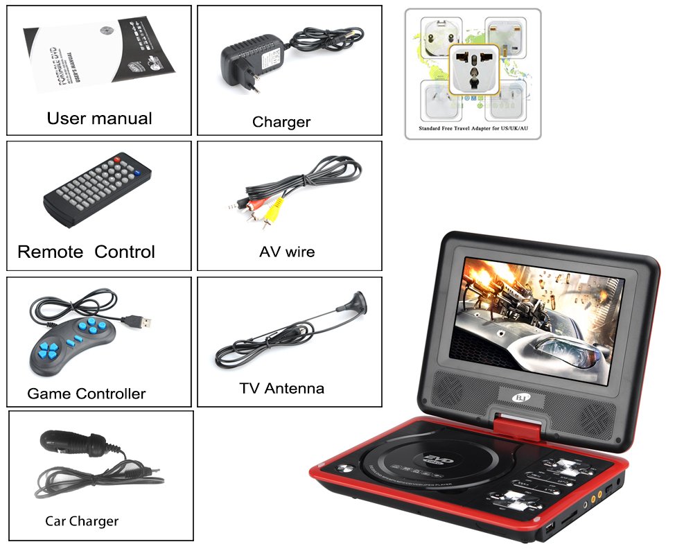 BW 22,9 cm région Lecteur DVD Portable Gratuit – 270 écran pivotant, 1280 x 800 Résolution, HITACHI Lens, Fente pour Carte SD