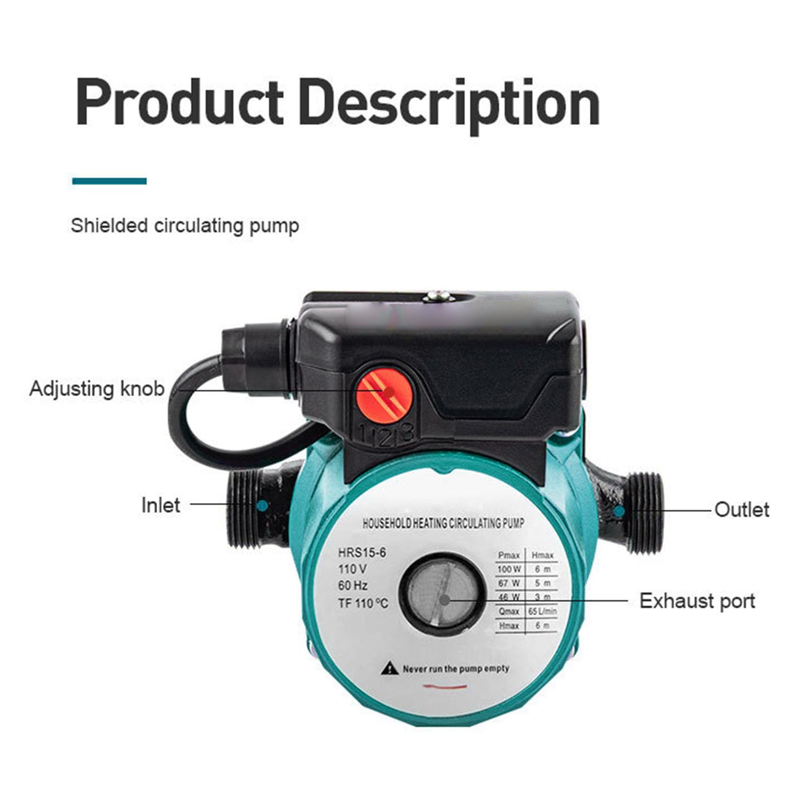 Pompa di Ricircolo Acqua Calda 65 L/min Ad Alta Efficienza 46 W 67 W 100 W 3 velocità di Controllo 6 M di Prevalenza con Adattatore NPT 1 Pollice per di Riscaldamento (Spina europea 220 V)