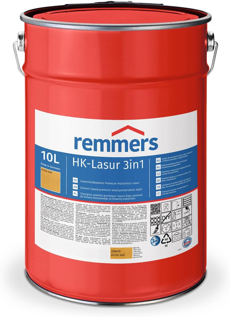 Remmers HK Stain Light Oak, 10 litres, Decorative, Solvent-Based Premium Wood Preservative Stain for Exterior use, 3-fold Wood Protection with Impregnation + Primer + Stain