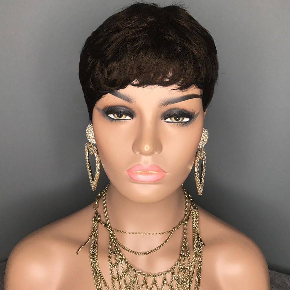 Short Human Hair Pixie Cut Wigs for Black Women Chocolate Brown Glueless Pixie Wig None Lace Front Wig with Bangs Natural Straight Wig 4# Color - Image 4