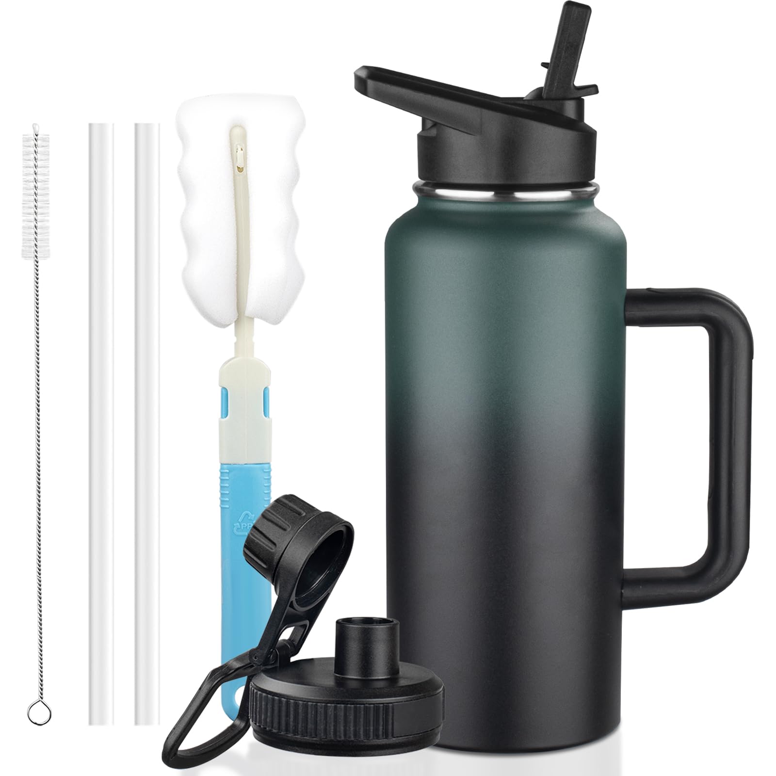 32oz Insulated Water Bottle with Handle, Stainless Steel Sports Metal Water Flask with Straw & 2 Leak Proof Lids, Double Walled Vacuum Wide Mouth Water Bottle for Travel,Camping,Gym (Dark Green Black)