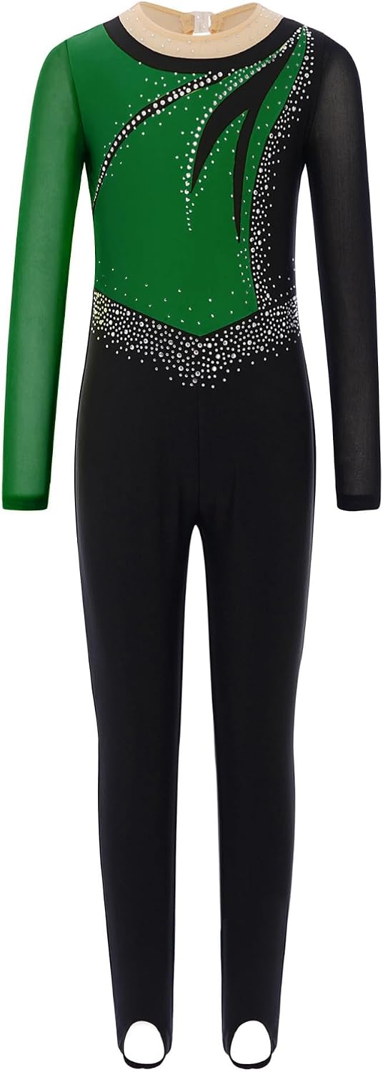Alvivi Kids Rhinestones Long Sleeve Gymnastics Unitards Color Block Figure Skating Full Body Leotard Jumpsuits for Girls