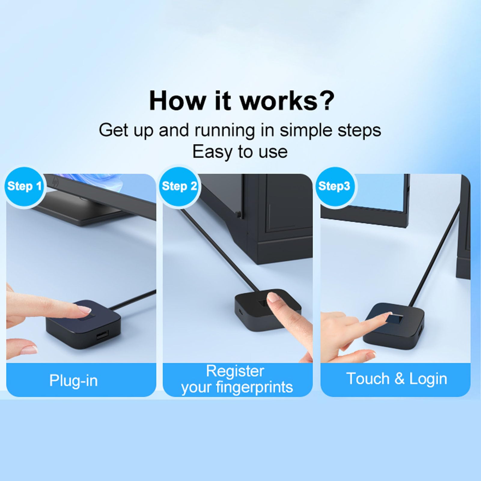 Fockety USB-Fingerabdruckleser, Berührungsschnell Passender Biometrischer Fingerabdruckscanner mit 360-Grad-Erkennung und Selbstlernendem Algorithmus, für 10 11 PC-Laptop (Black)