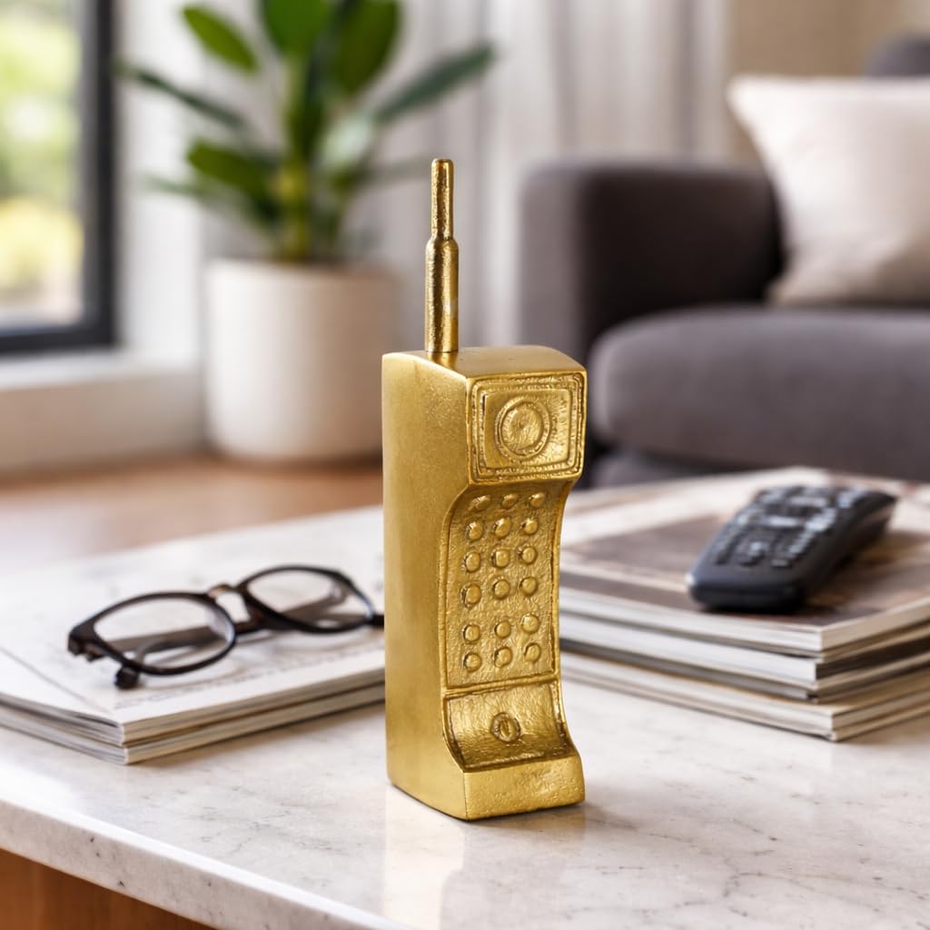 Metal Cordless Phone Decorative Object for Home Decor - Ornaments for Bathroom, Office Desk, and Coffee Table - Vintage Inspired Accent for Shelf Display or Living Room Decor - 8", Gold