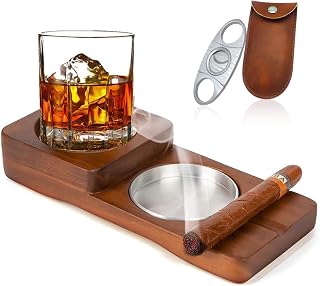 Cigar Ashtrays with Cigar Cutter, Whiskey Glass Tray Holder, Wooden Cigar Ash Tray, Cigar Accessories for Men Gift Set, Luxury Ashtray Coaster Outdoor Home Bar Office Decor