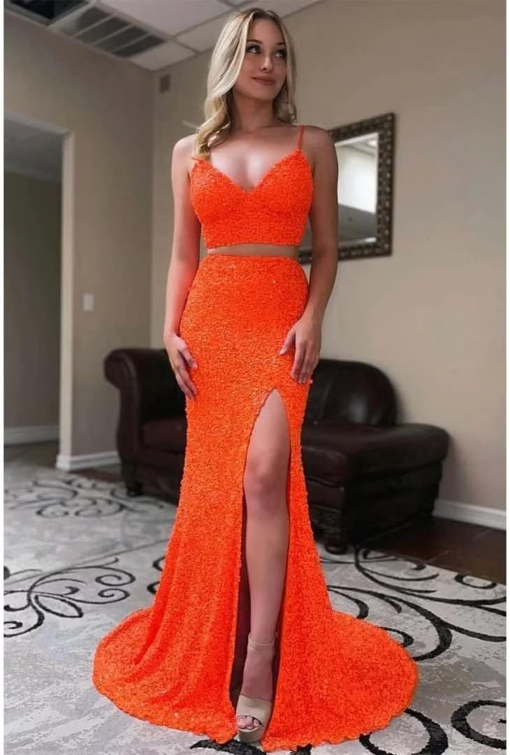 Two Piece Sequin Prom Dresses Long Mermaid V Neck Sparkly Spaghetti Straps Formal Dress Evening Gowns with Slit