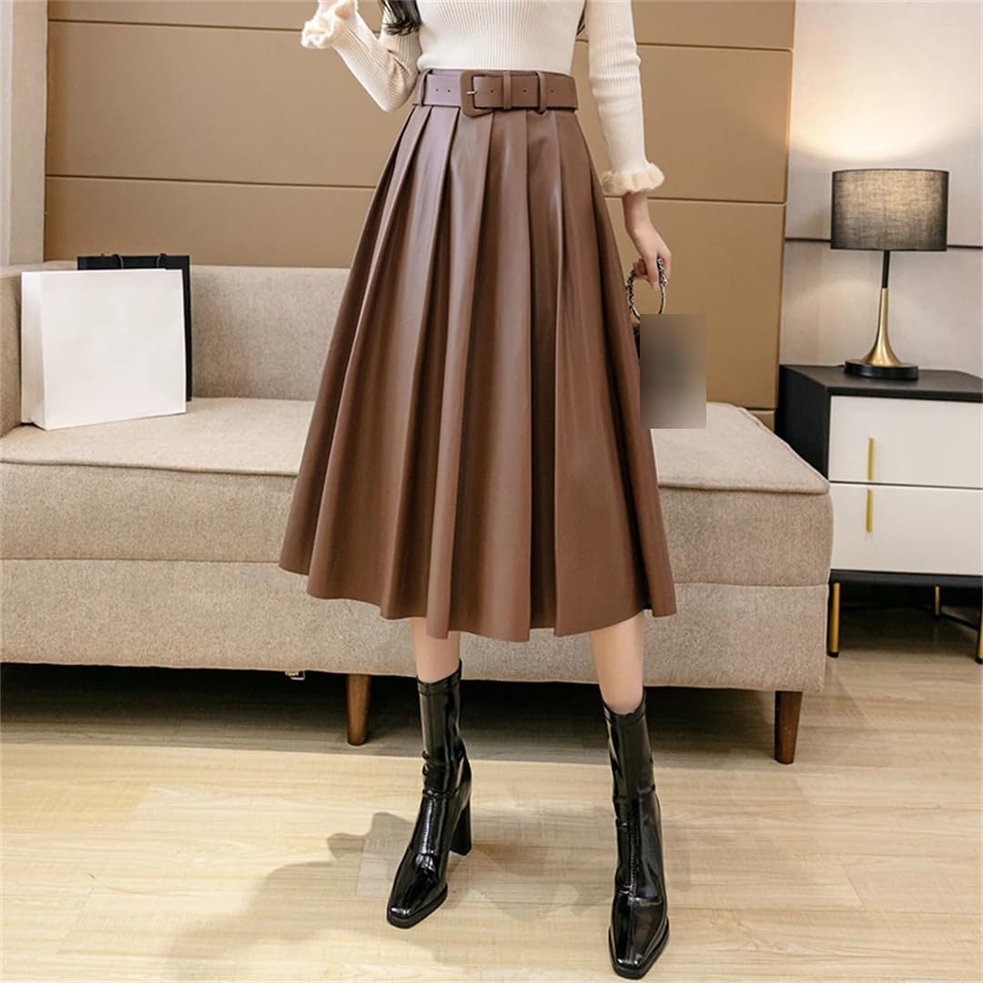 Otoño Invierno PU Cuero de Imitación Mujeres Faldas Largas Cintura Alta Paraguas Vintage Falda de Línea A
