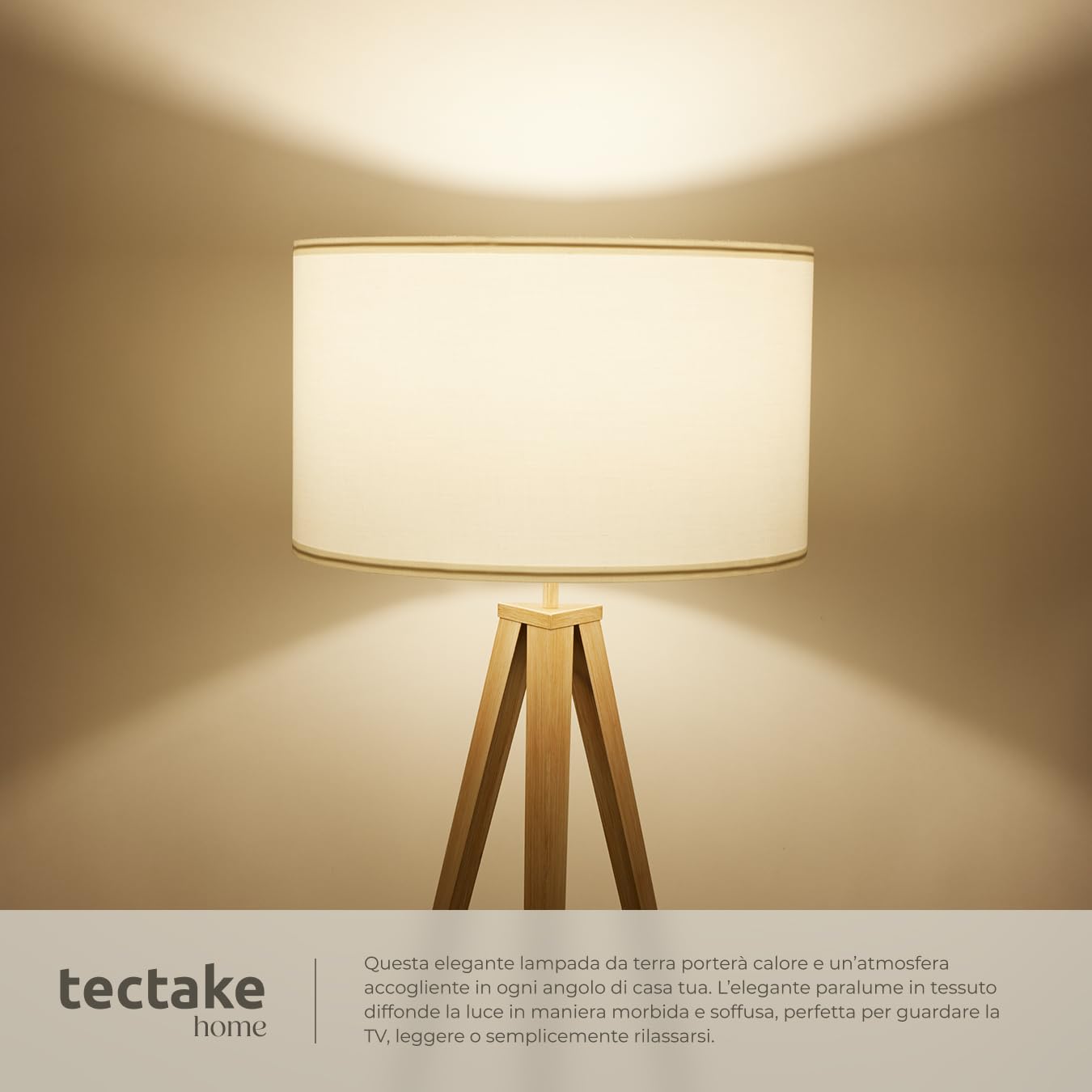 tectake® Lampada da Terra con Paralume in Tessuto Effetto Lino, Lampada con Treppiede Robusto in Acciaio, Luce Salotto con Interruttore a Pedale, Piantana Design Moderno - Rovere