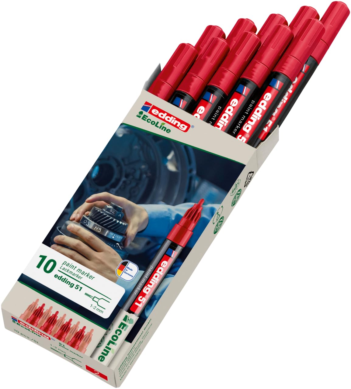 edding 51 EcoLine Lackmarker – rot – 10 Stück – Rundspitze 1-2 mm – wasserbasierte Tinte, stark deckend & wasserfest – Lackstift für Glas, Stein, Holz, Kunststoff und Papier