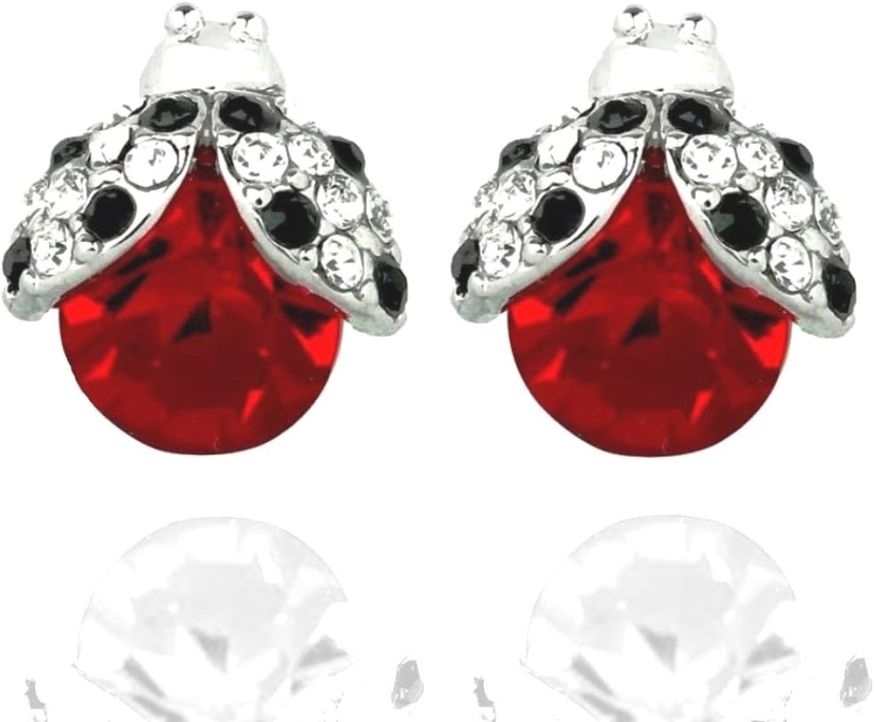DianaL Boutique Silvertone Crystal Ladybug Earrings Stud Post Lady Bug Gift Boxed Fashion Jewelry