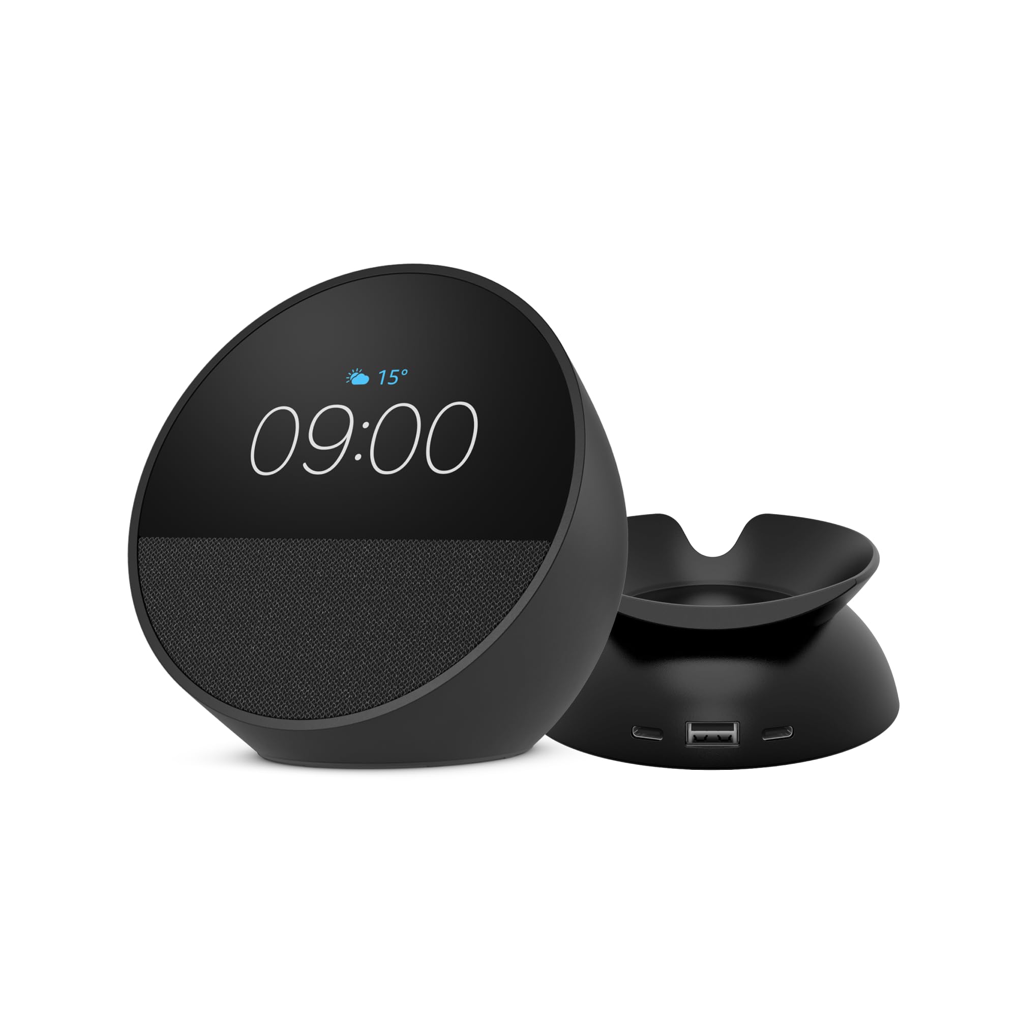 Amazon Echo Spot | Despertador inteligente con sonido de calidad y Alexa + Soporte con puertos de carga USB-C y USB-A para Echo Spot
