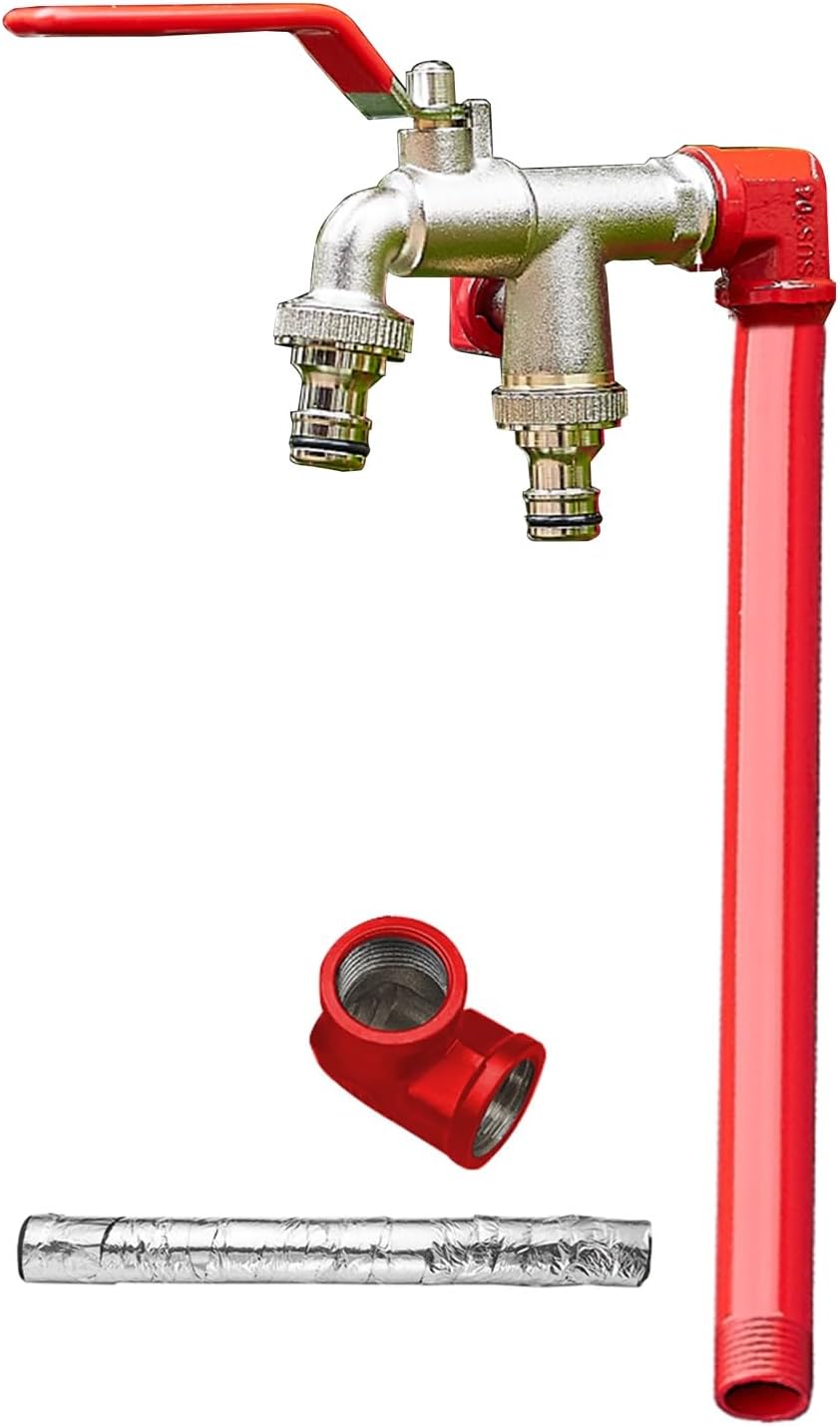 Floor Mounted Faucet Outdoor Water Pipe Vertical Fountain Irrigation Column,Stainless Steel Vertical Garden Water Column, 39in Outdoor Anti-Freeze Water Feature with Dual Copper Faucets for