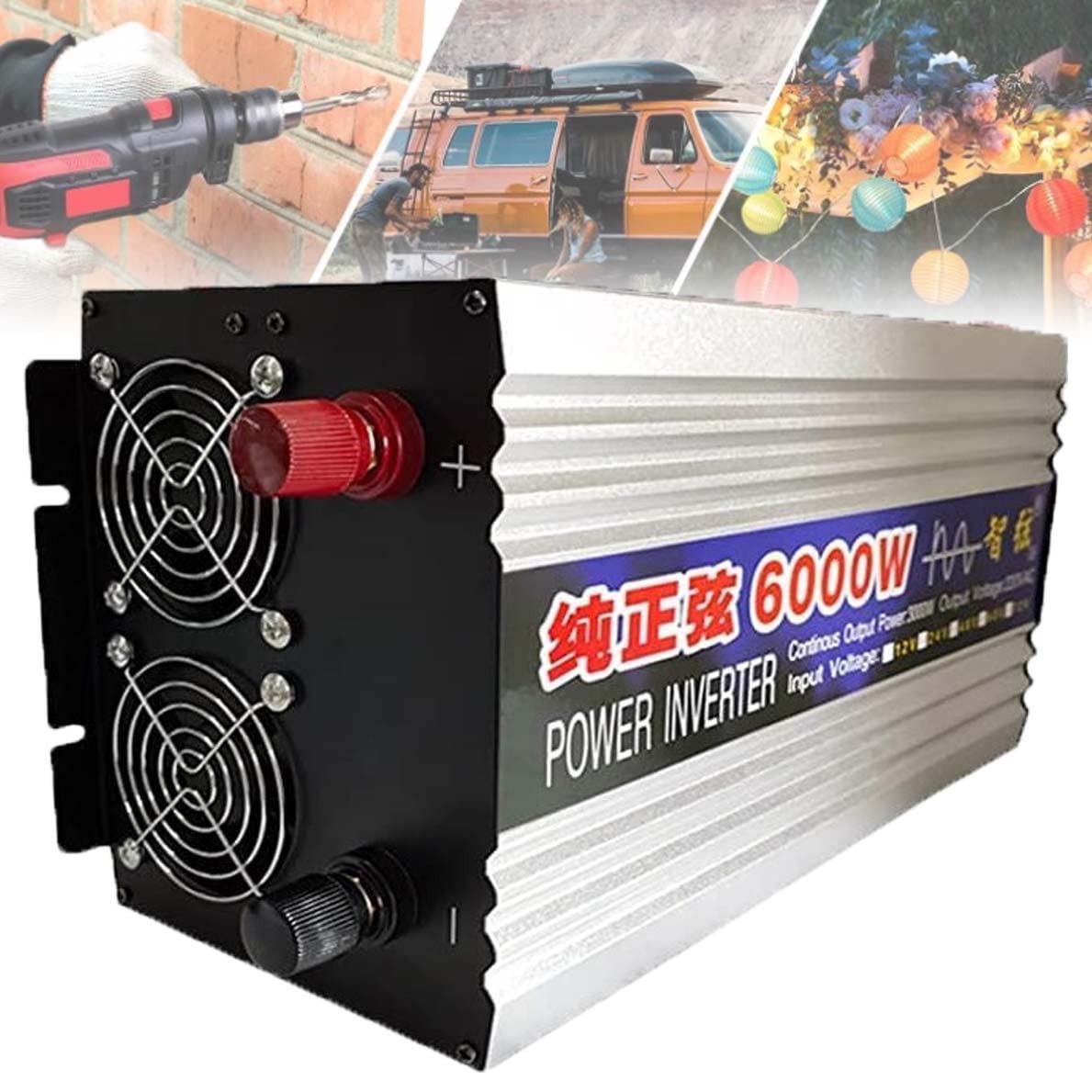 Przetwornica czystej fali sinusoidalnej, 1000 W/2000 W/3000 W/4000 W/5000 W/6000 W/8000 W przetwornica napięcia DC 12 V/24 V/48 V/60 V do AC 220 V transformator do samochodu,6000W-12V