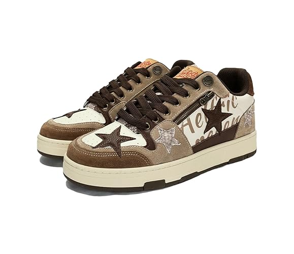 Aelfric Eden Sneakers Color Blocking Patchwork Skate Shoes Platform Leather Lace-up Sneakers Casual Comfy Walking Shoes - Brown - 4.5 Women/3 Men