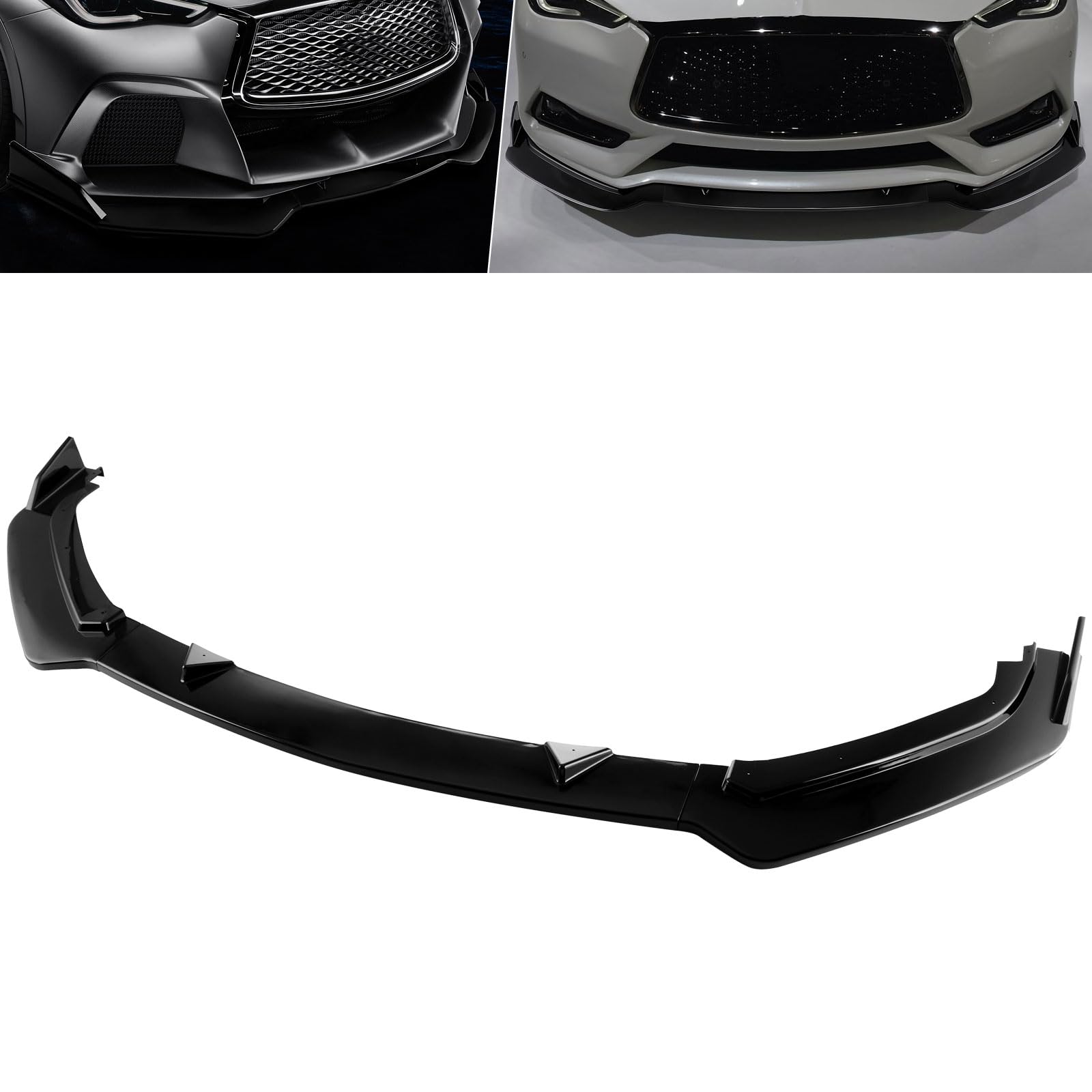 MotorFansClub 3pcs Front Lip Splitter Bumper Fit for Infiniti Q60 2017 2018 2019 2020 2021 2022 2023 V-Style Trim Protection Splitter Spoiler, Glossy Black