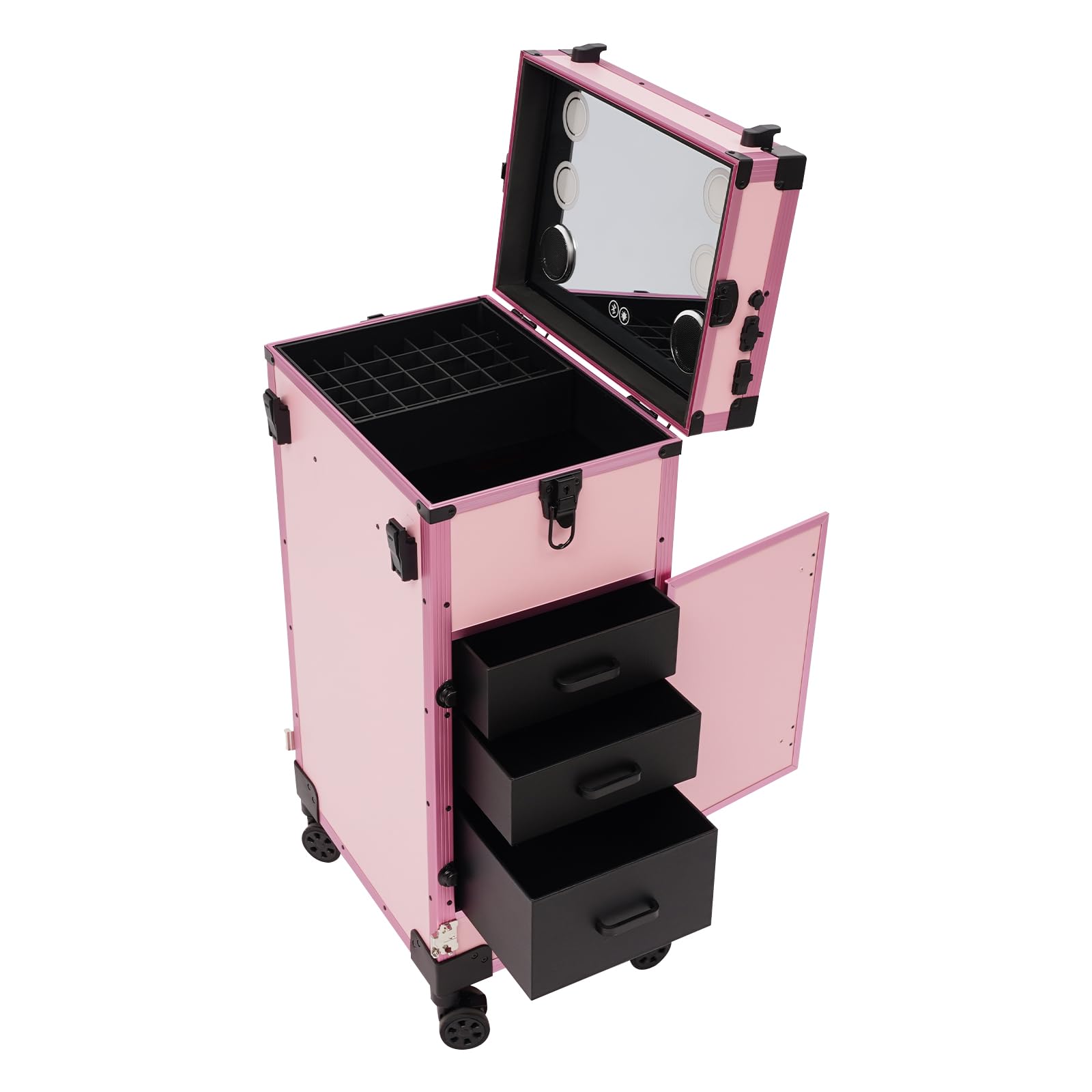 Faltbarer Schönheitstisch, Kosmetikkoffer Trolley, Make-up Koffer Rolling Cosmetic Organizer mit 3 Schubladen, Spiegel, Licht und Bluetooth für Home Spa Beauty Salon Draussen Hochzeits Make-up
