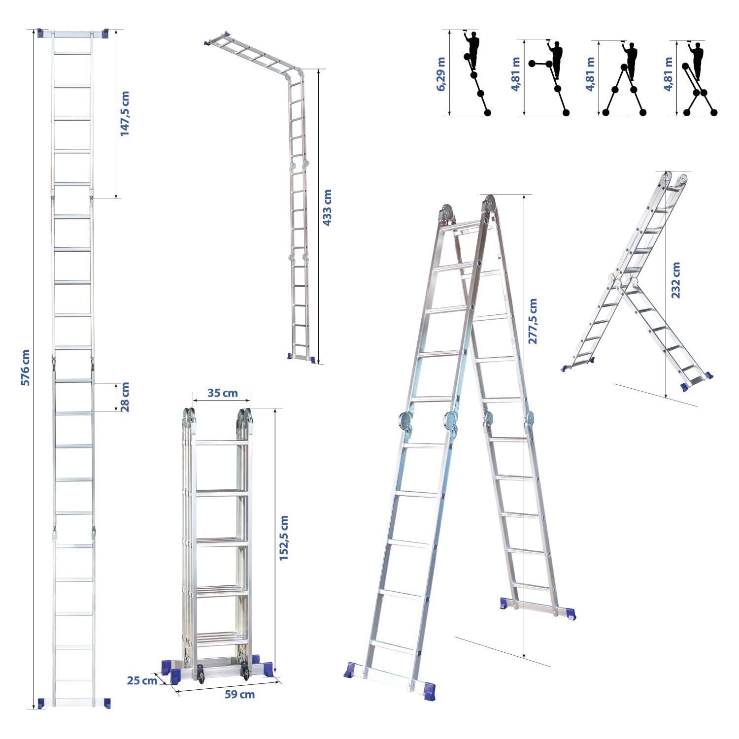 HOSTRÖM Echelle Pliante articulée STAVALANCE4x5, 5,7m, 20 marches, Multifonction, escabeau, Aluminium, H Travail Max 6,29m, Garantie 5 Ans