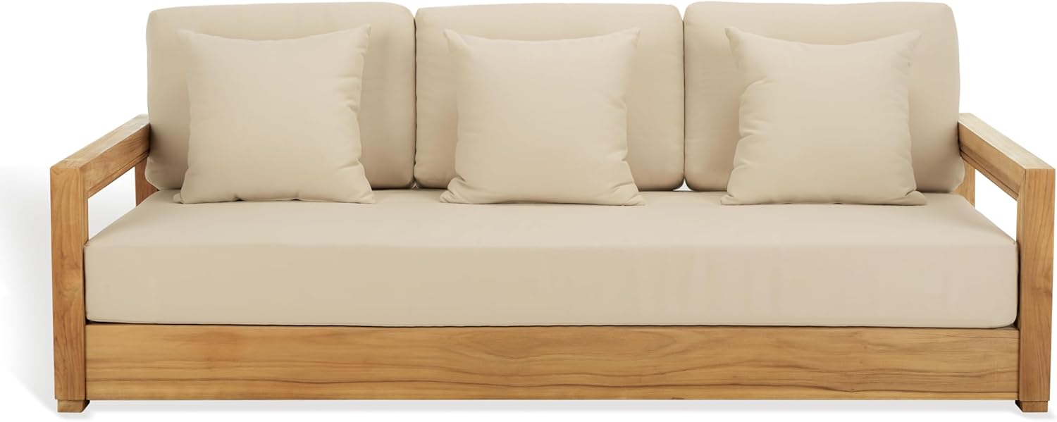 SAFAVIEH Couture Outdoor Collection Montford Beige 3-Seat Bench Casing Upholstery Removable Cover Fabric