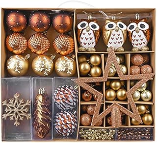 Valery Madelyn 90pcs 3-12cm Shatterproof Christmas Baubles Pack with Tree Topper, Woodland Copper and Gold Christmas Ball Ornaments for Christmas Tree Decoration