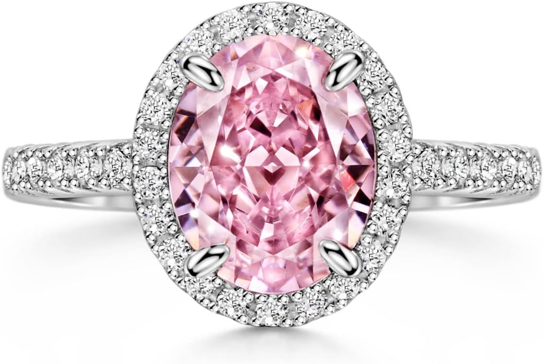 Michooyel S925 2.0ct Oval Cut Pink Diamond Engagement Ring for Women Halo Diamond Wedding Ring Promise Ring Sterling Silver Wedding Band