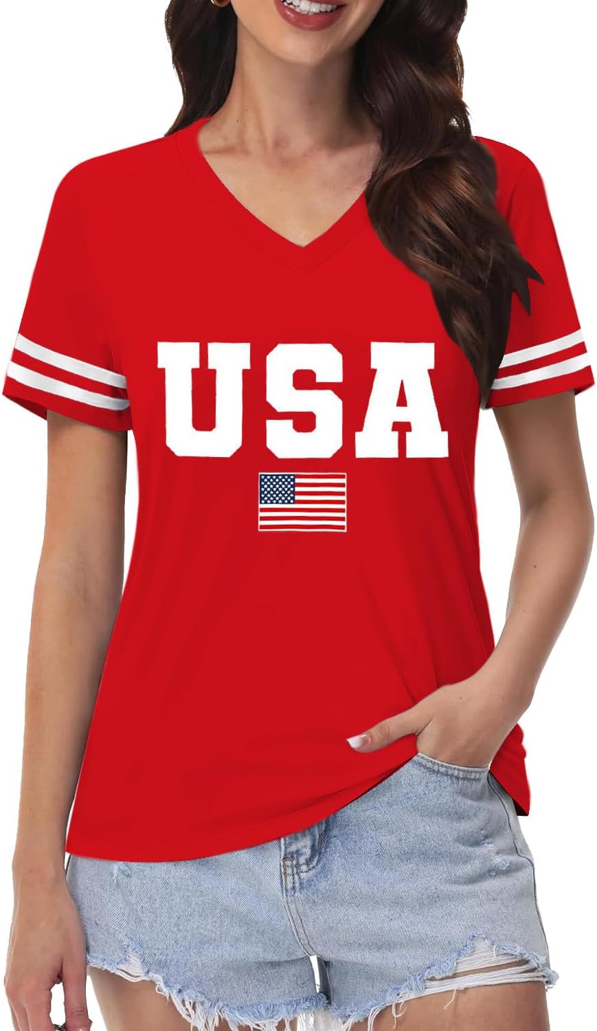 American Flag V-Neck Shirts for Women USA Patriotic T-Shirt 4th of July Tee Tops