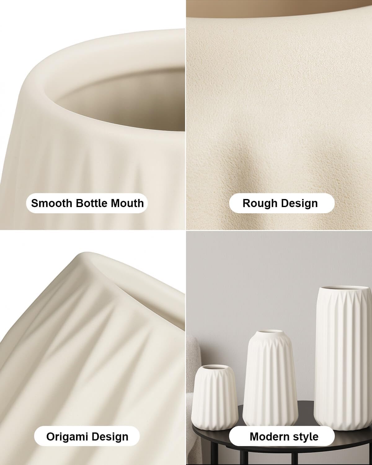 White Ceramic Vases Set of 3 – Modern Ribbed Vase Centerpieces for Pampas Grass, Eucalyptus, Dried or Fresh Flowers, Minimalist Home Decor for Living Room, Bookshelf, Table & Office