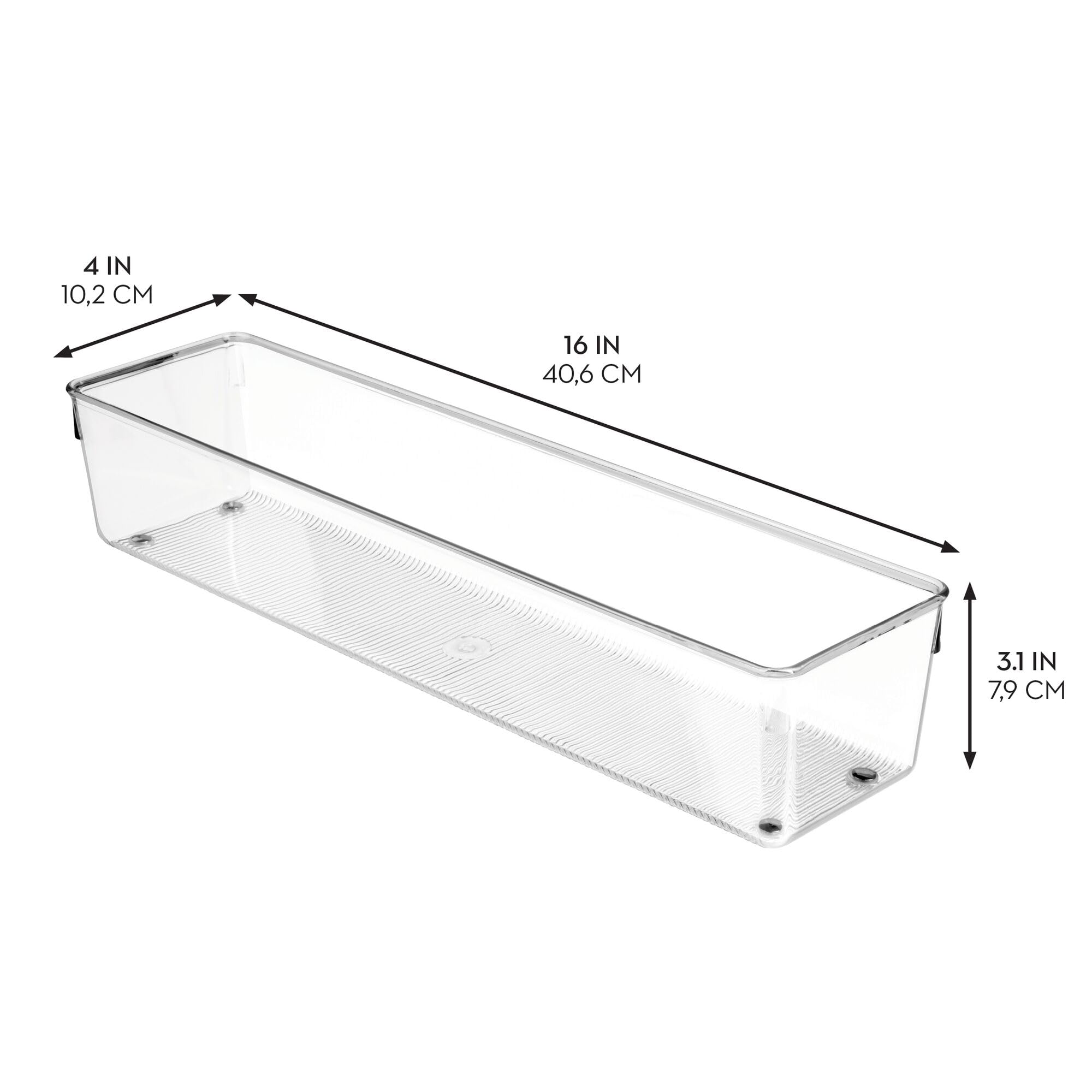 iDesign - Contenedores organizadores de cajones de plástico, almacenamiento para cocina, baño y cajones de escritorio, juego de 3, transparente