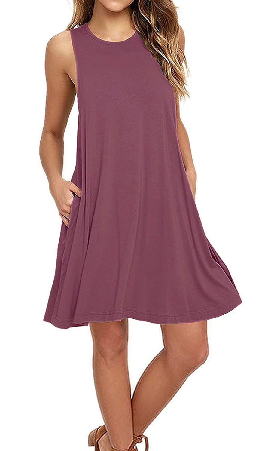 AUSELILYWomen Summer Casual T Shirt Dresses Beach Cover up Plain Pleated Tank Dress