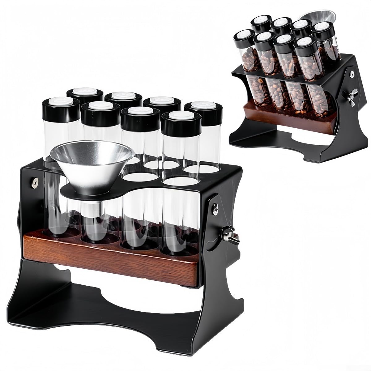 Kaffeebohnen Aufbewahrungsständer Single Dose Organizer mit 8 Glasröhren Einweg-Auslassventil Massivholzsockel Schwarz