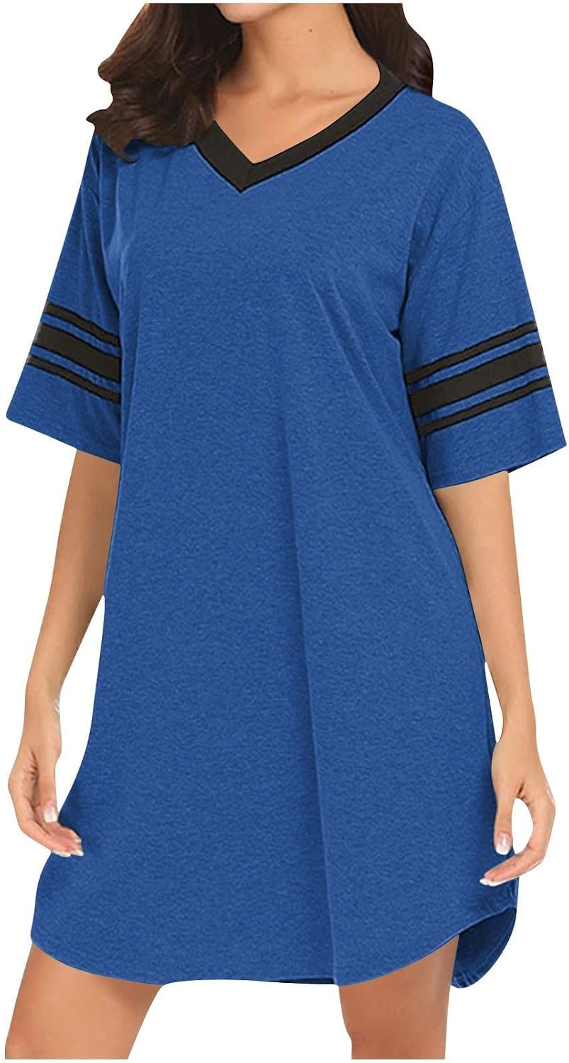 Womens Nightgown Cotton Sleepwear Short Sleeve Sleep Shirt V Neck Color Block Nightshirt Loose Casual Pajama