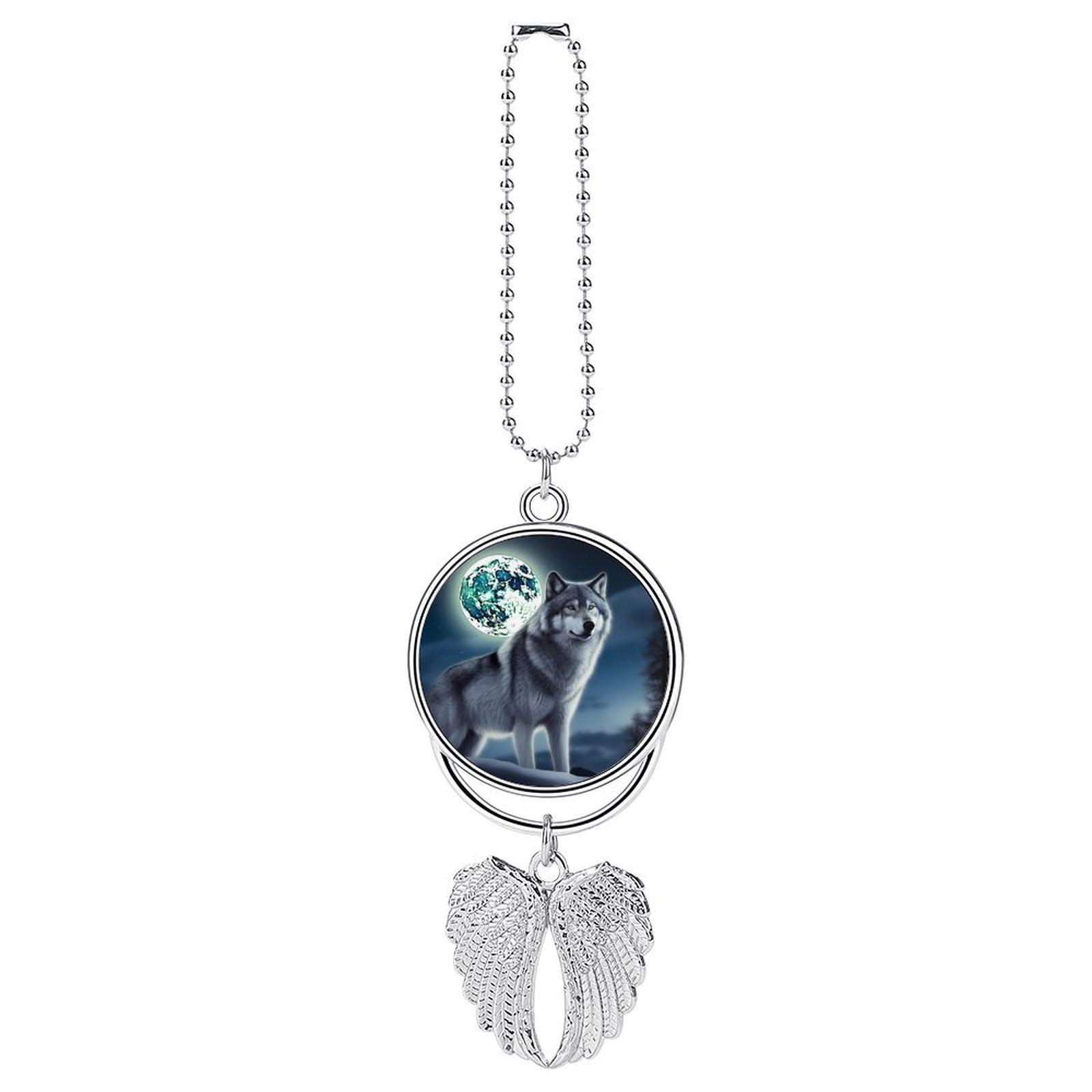Wolf Under Moon Car Charm, Alloy Rear View Mirror Pendant, Bling Funny Car Hanging Ornament Gift for Women Men, Car Pendant Lucky Auto Interior Decoration Accessories Silver-Style