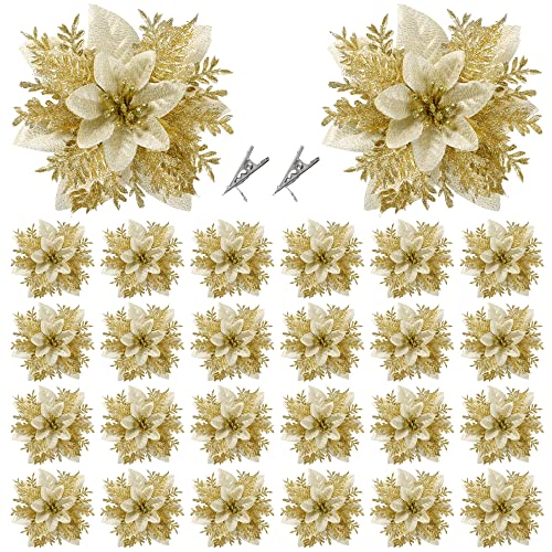 Sggvecsy 24 Pcs Christmas Glitter Poinsettia Flowers Christmas Tree Ornaments Artificial Christmas Flowers Decorations With Clips For Xmas Holiday Wedding Party Wreath Floral Decorations (Glod) #TOP8