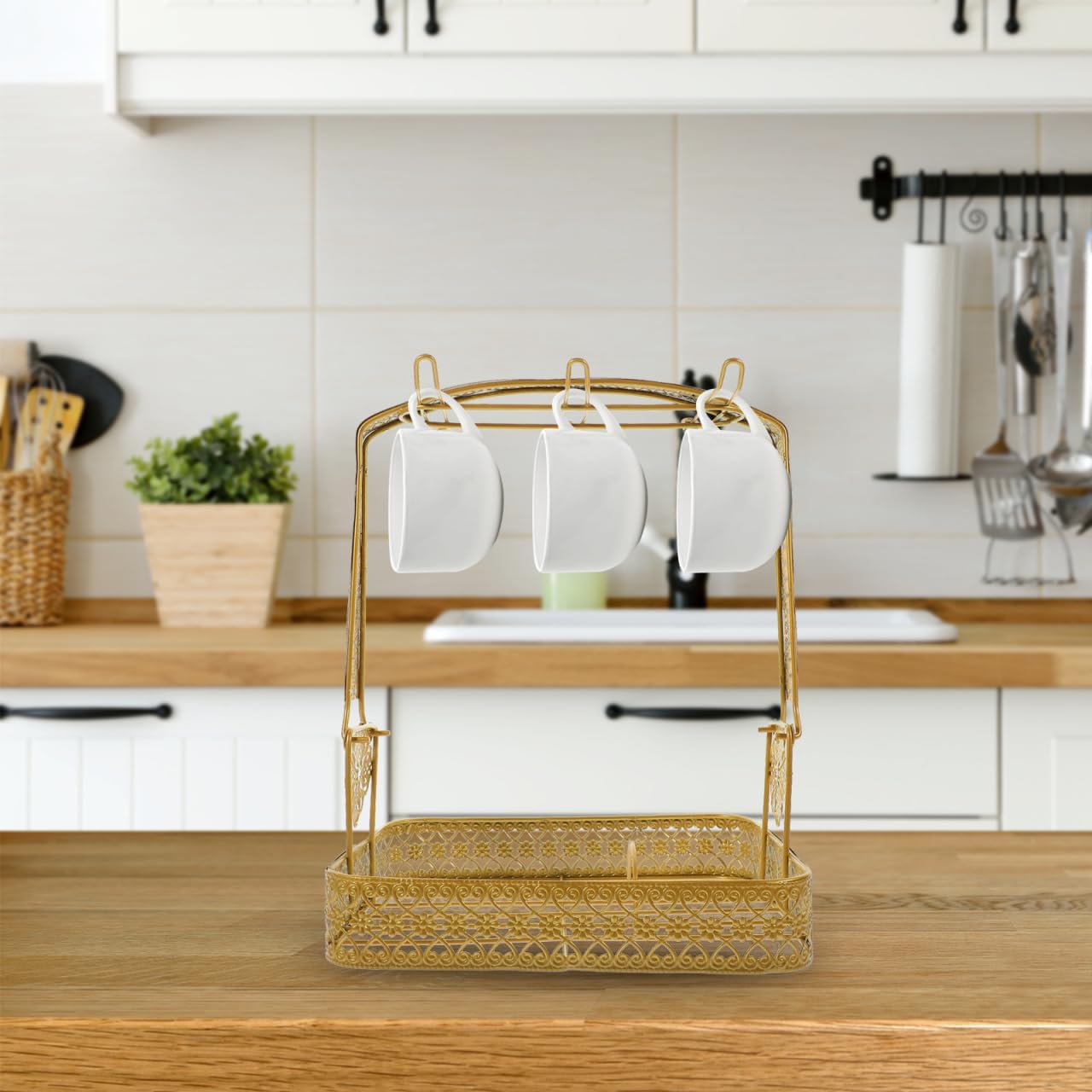 UPKOCH Coffee Mug Holder 6-Tier Metal Cup Stand with Drip Tray for Kitchen Countertop Storage and Display Organizer Rack for Coffee Cups and Tea Mugs 11.14X8.85X7.28 Inches