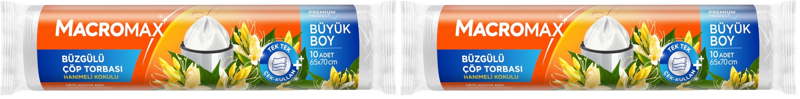 Macromax Büzgülü Çöp Torbası Büyük Boy (65x70cm) Hanımeli Kokulu 10 Adet Süper Ekonomik Paket 2li paket